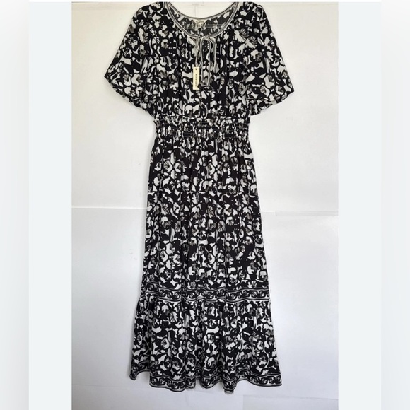 NWT Max Studio Boho Floral Tiered Maxi Dress Black White Cottagecore Prairie - Picture 2 of 3